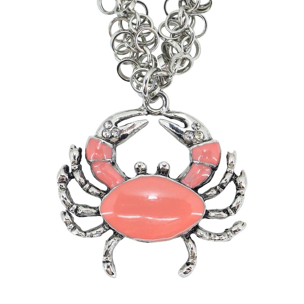 Pink Enamel Crab Statement Necklace Coastal Beach Nautical Silver Tone Beachcore